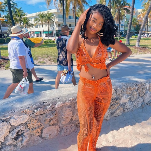 Orange Crochet Beach Pants & Top Set - Picture 1 of 2